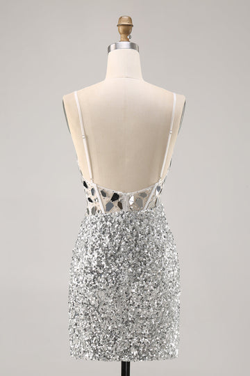 Sparkly Silver Mirror Sequins Corset Short Cocktail Dress